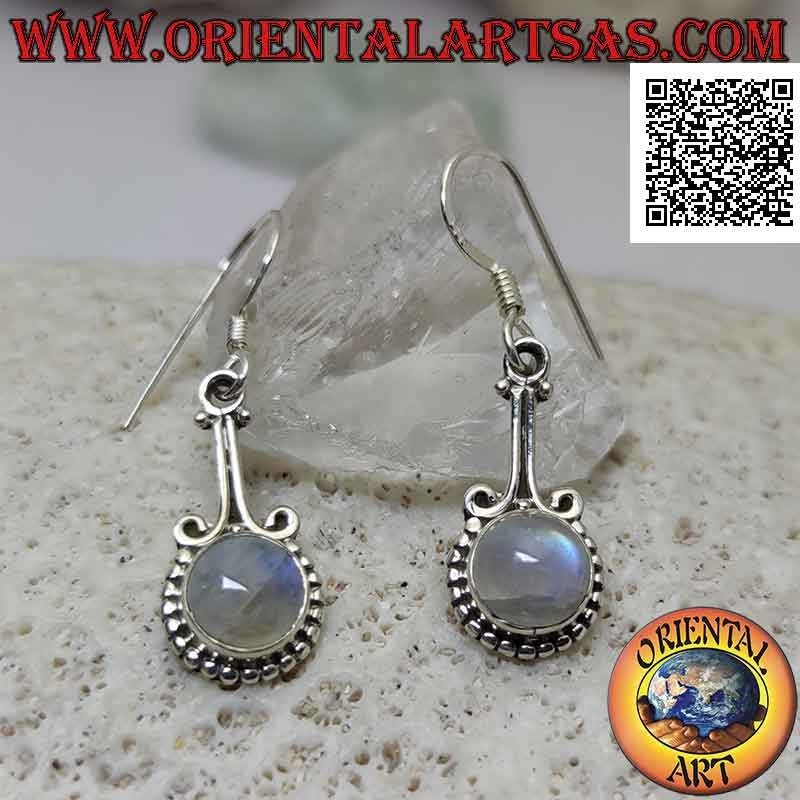 Silver earrings with cabochon round moonstone surrounded by balls attached by two small arches