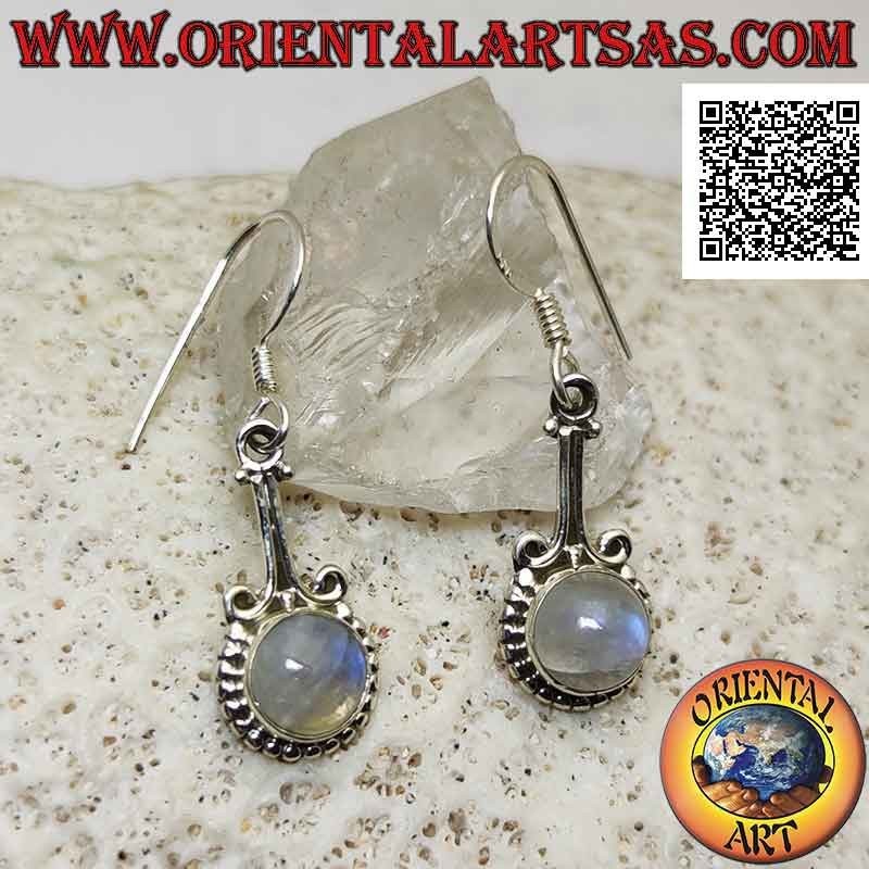 Silver earrings with cabochon round moonstone surrounded by balls attached by two small arches