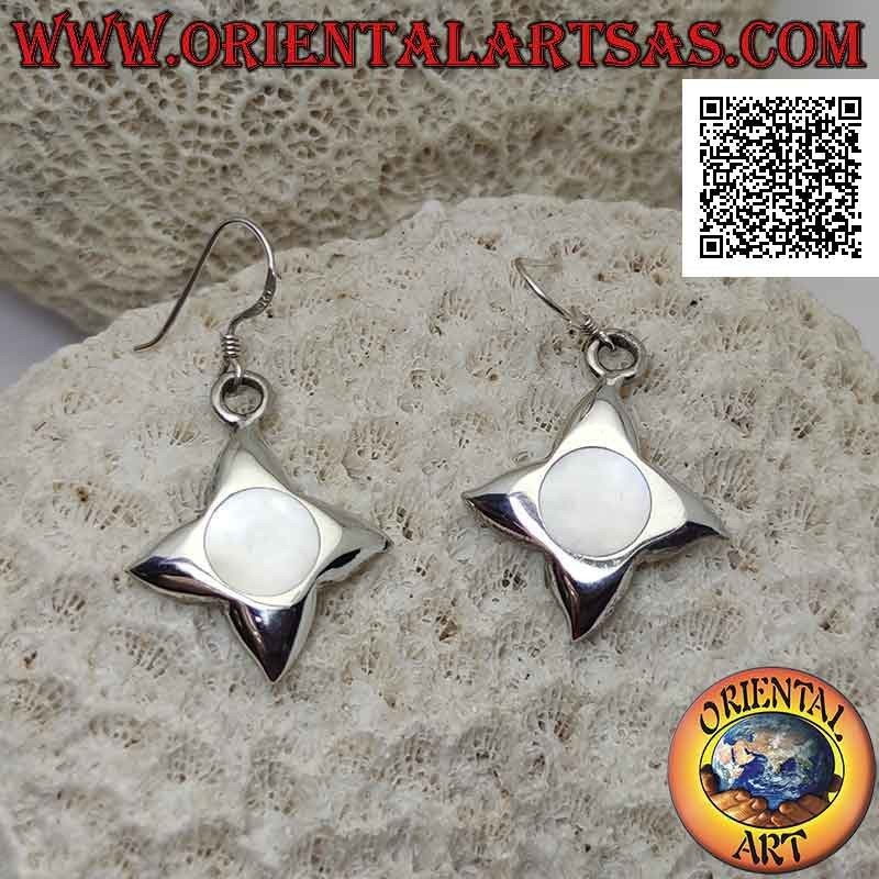 Silver leverback earrings with round mother-of-pearl flush with the edge on a smooth starry cross