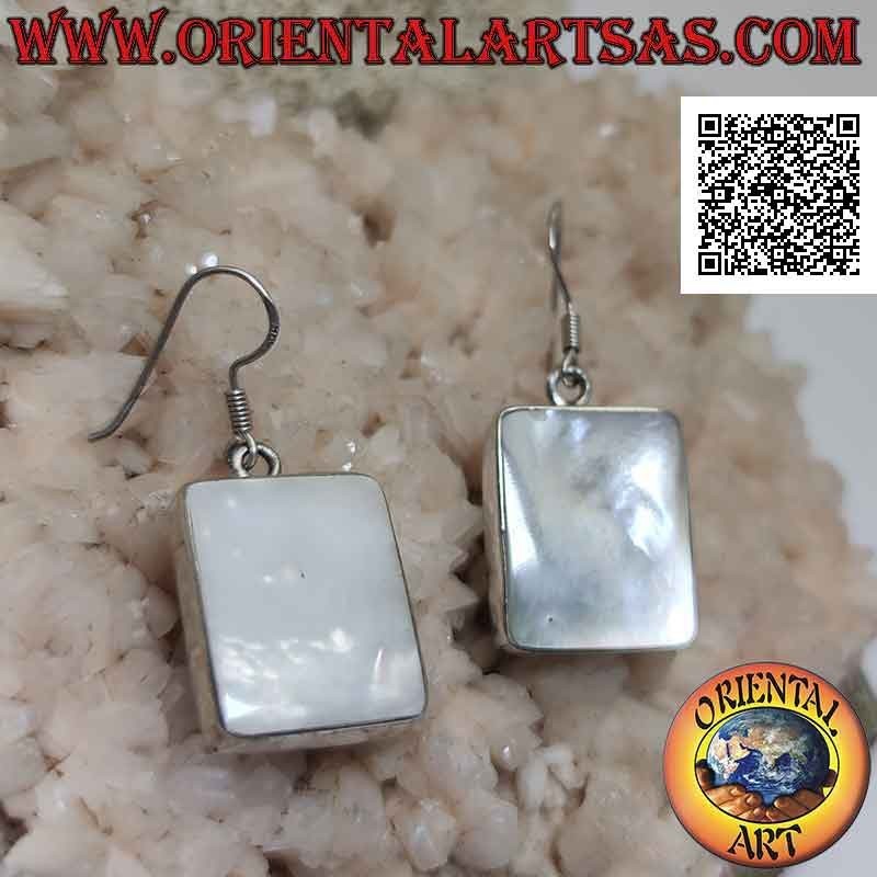 Silver leverback earrings with rectangular mother-of-pearl with smooth edge wire