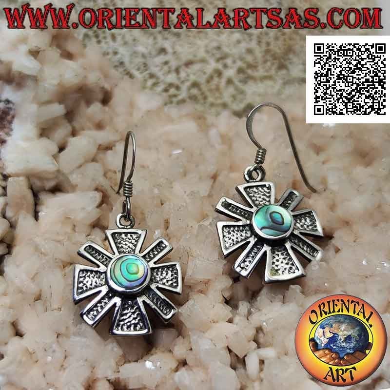Silver earrings in the shape of a double cross with a round paua shell (abalone) flush with the central edge