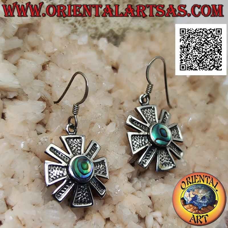 Orecchini in argento a forma di doppia croce con paua shell (abalone) tonda a filo bordo centrale