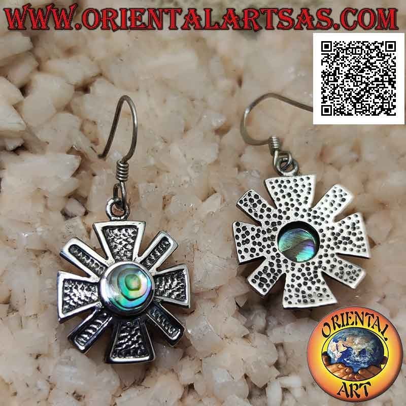 Orecchini in argento a forma di doppia croce con paua shell (abalone) tonda a filo bordo centrale