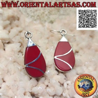 Pendientes colgantes de plata, gota de coral rojo (coral) atravesada por una línea sinuosa