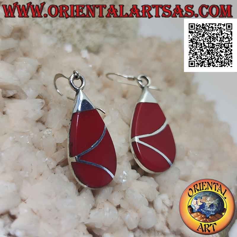 Pendientes colgantes de plata, gota de coral rojo (coral) atravesada por una línea sinuosa