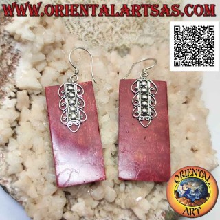 Boucles d'oreilles à levier en argent avec plaque rectangulaire en corail rouge (corail) et décoration sur le dessus
