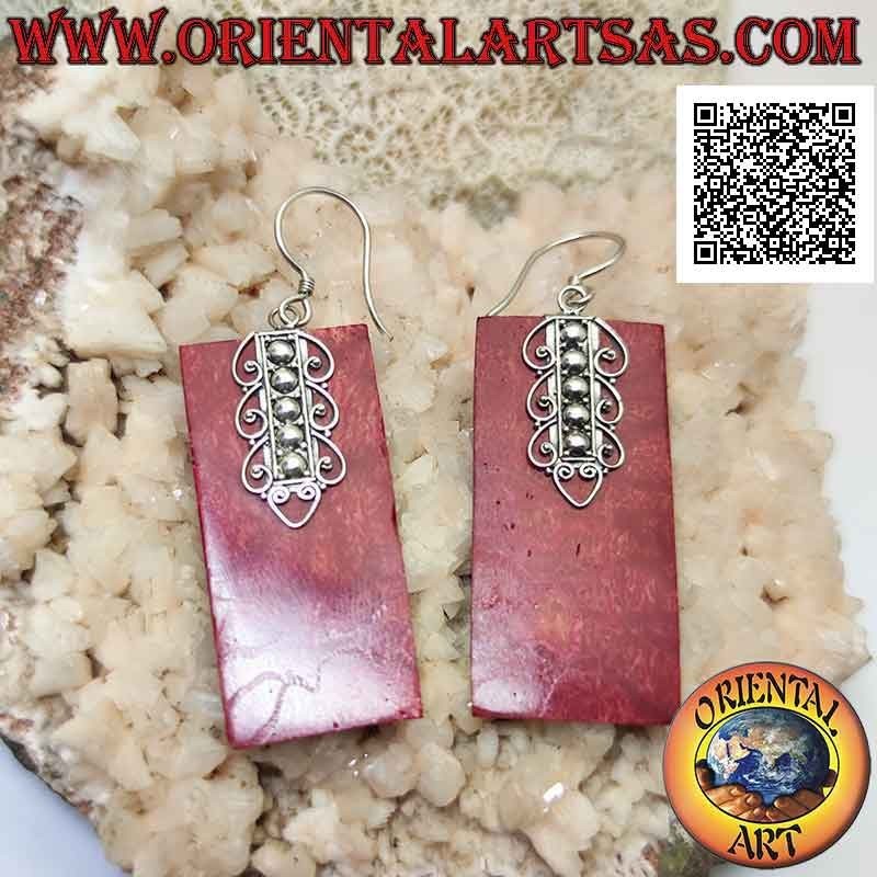 Silver leverback earrings with rectangular red coral (coral) plate and decoration on top