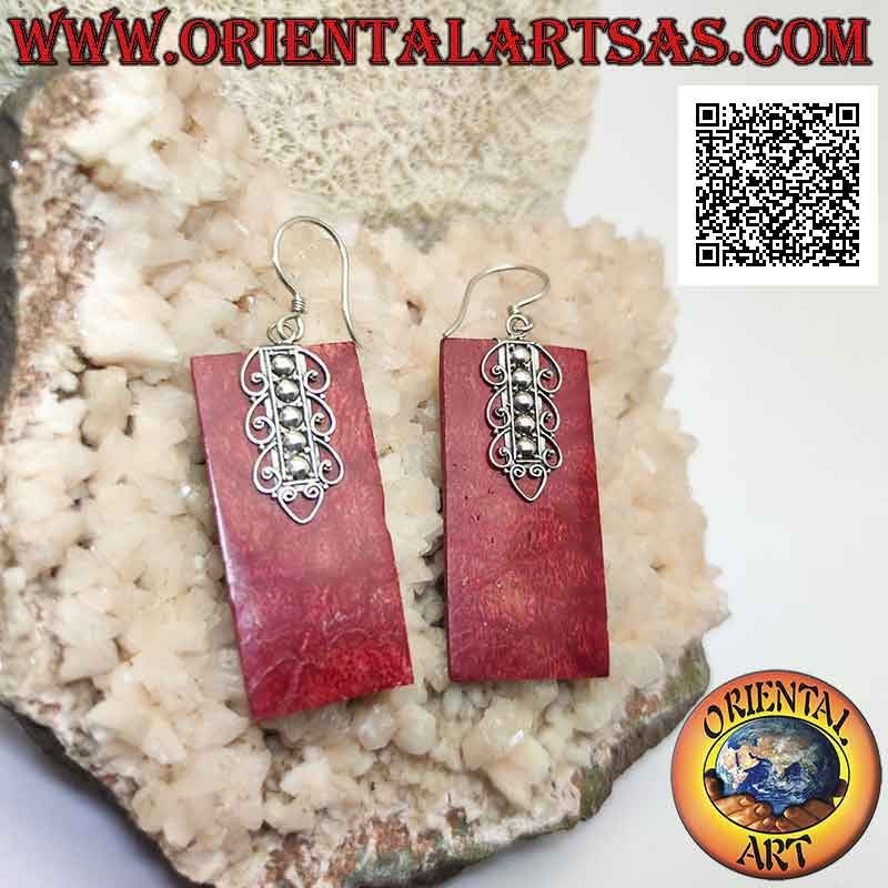 Boucles d'oreilles à levier en argent avec plaque rectangulaire en corail rouge (corail) et décoration sur le dessus