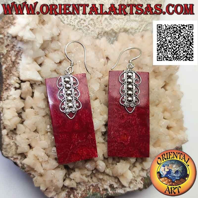 Silver leverback earrings with rectangular red coral (coral) plate and decoration on top