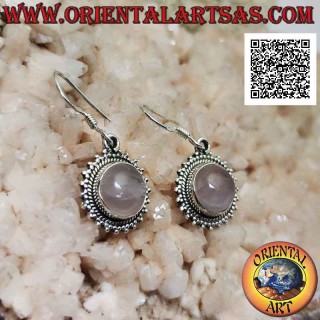 Boucles d'oreilles en argent avec quartz rose cabochon rond et cadre de trio de boules lisses