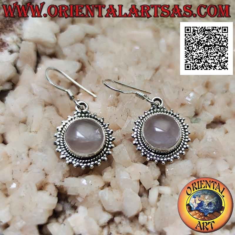 Silver earrings with round cabochon rose quartz and frame of trio of smooth balls