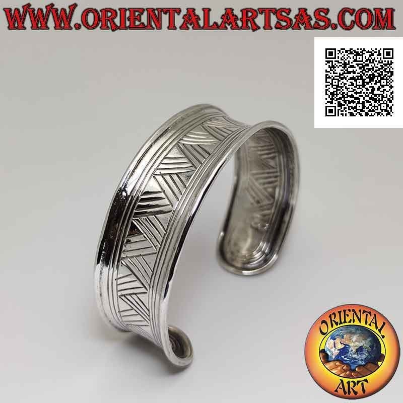 Brazalete rígido ancho cóncavo de plata 925 ‰ con grabado cuádruple de línea discontinua