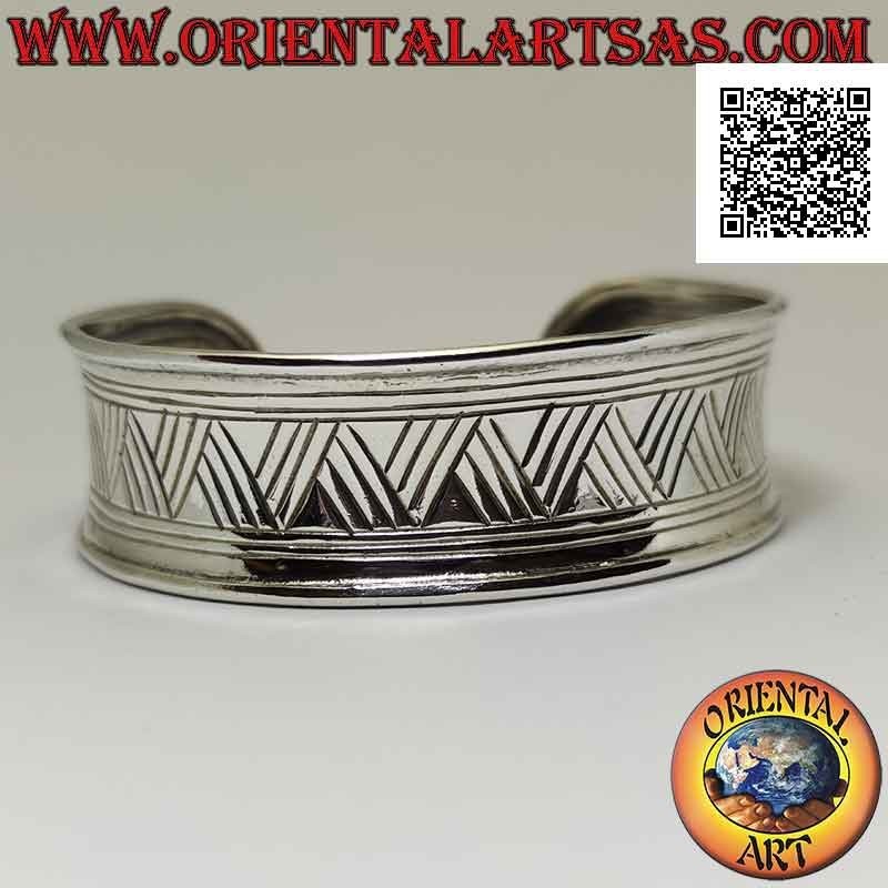 Brazalete rígido ancho cóncavo de plata 925 ‰ con grabado cuádruple de línea discontinua