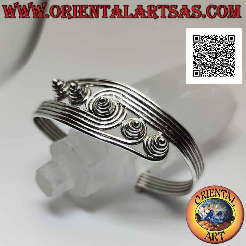 Starres Armband in 925 ‰ Silber mit 5 Drähten, die in konisch hervorstehenden Spiralen enden
