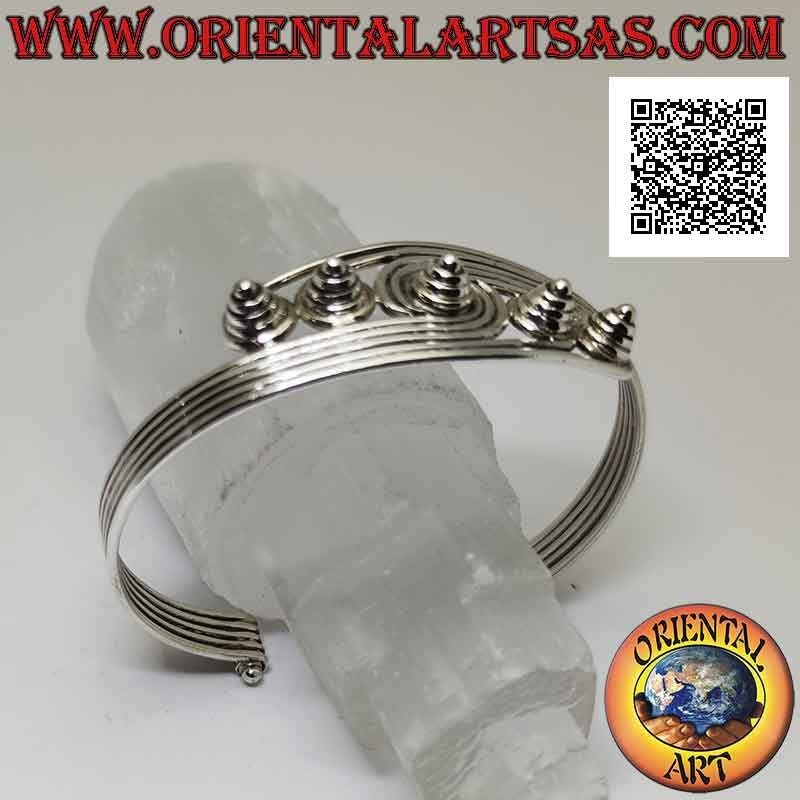 Starres Armband in 925 ‰ Silber mit 5 Drähten, die in konisch hervorstehenden Spiralen enden