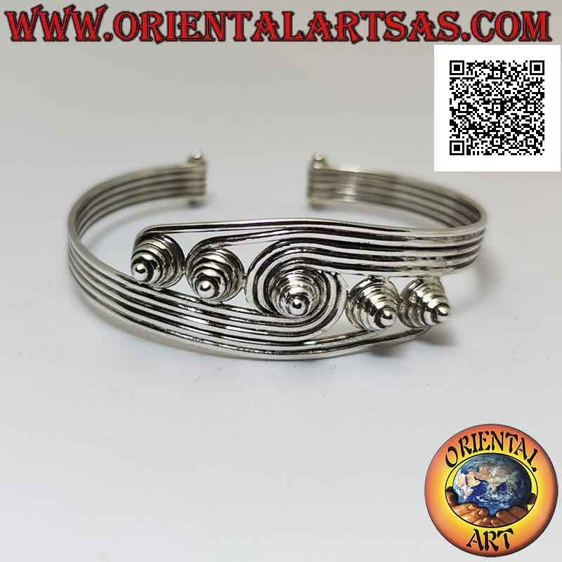 Pulsera rígida en plata 925 ‰ con 5 hilos terminados en espirales cónicos salientes