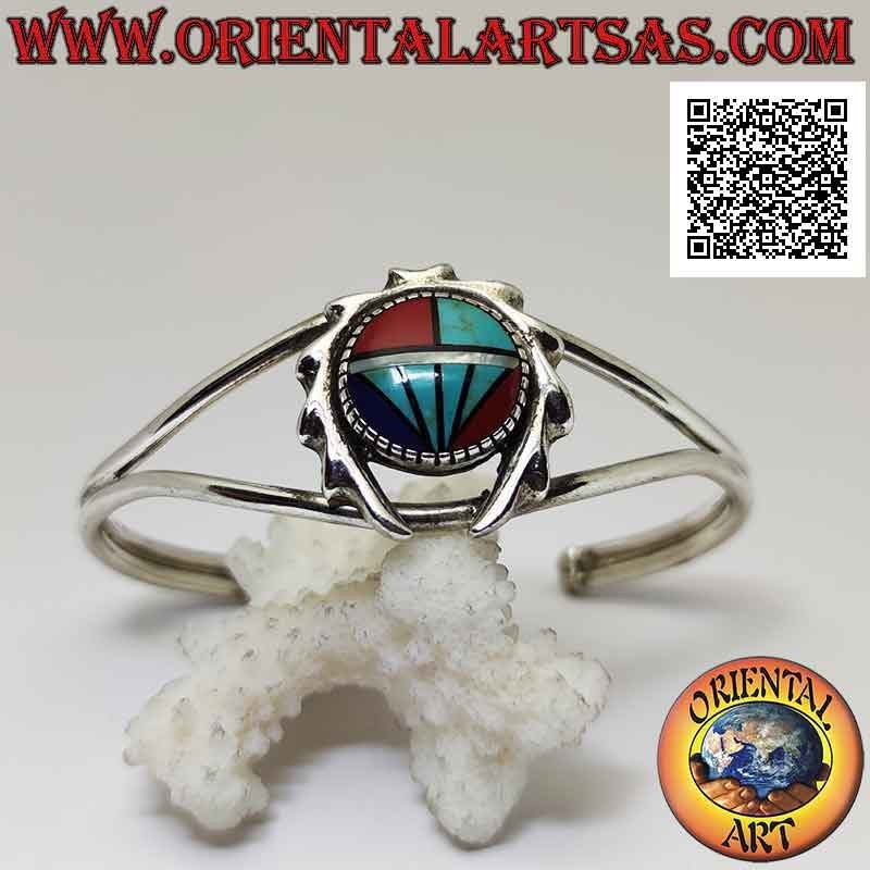 Bracelet rigide en argent 925 ‰ avec mosaïque ronde de turquoise, corail et lapisazuli entouré d'une couronne dentée