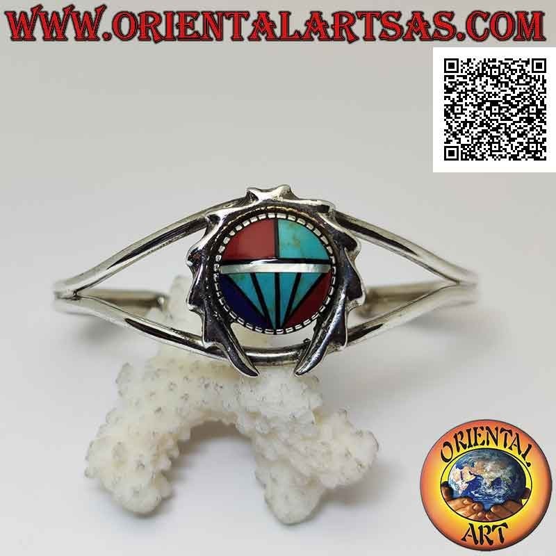 Pulsera rígida en plata 925 ‰ con mosaico redondo de turquesa, coral y lapisazuli rodeado de una corona dentada