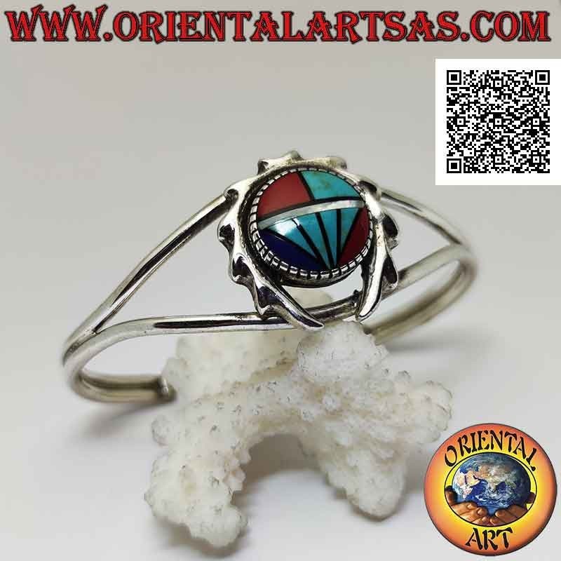 Rigid bracelet in 925 ‰ silver with round mosaic of turquoise, coral and lapisazuli surrounded by a toothed crown