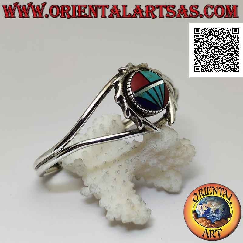 Pulsera rígida en plata 925 ‰ con mosaico redondo de turquesa, coral y lapisazuli rodeado de una corona dentada