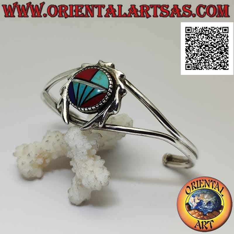 Rigid bracelet in 925 ‰ silver with round mosaic of turquoise, coral and lapisazuli surrounded by a toothed crown