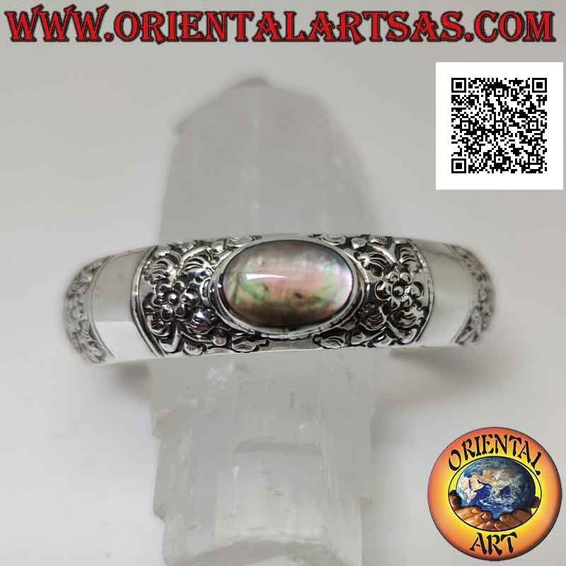 Pulsera rígida en plata 925 ‰ con adornos florales y concha de paua ovalada (abulón)