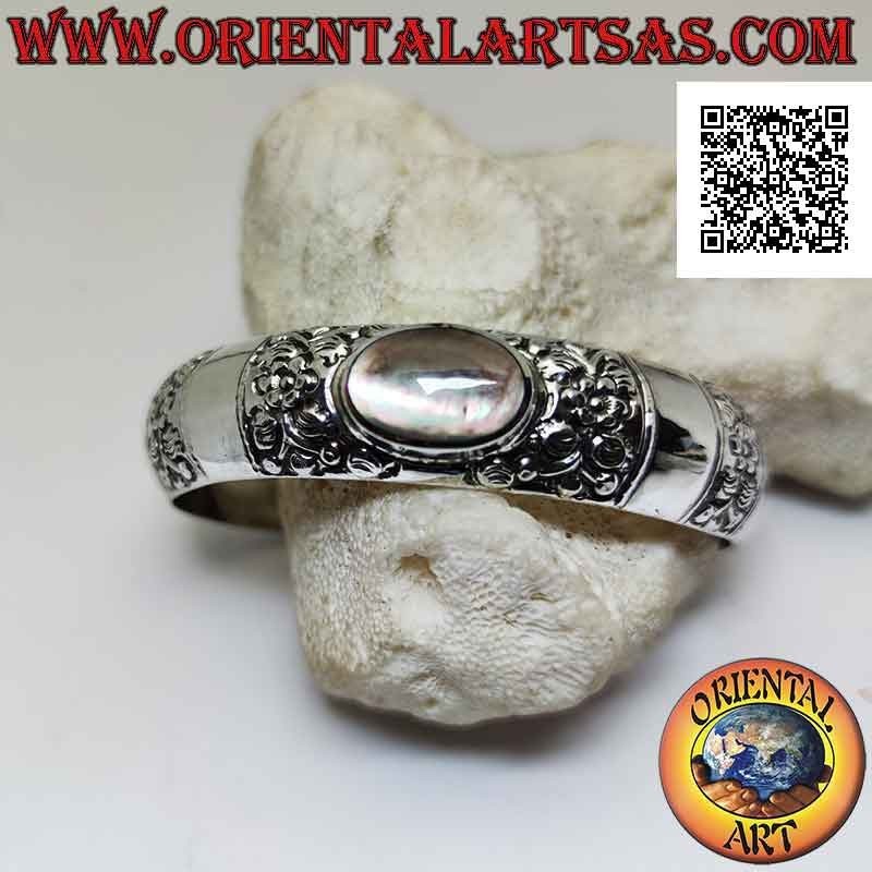 Starres Armband aus 925 ‰ Silber mit Blumendekor und ovaler Paua-Muschel (Abalone)