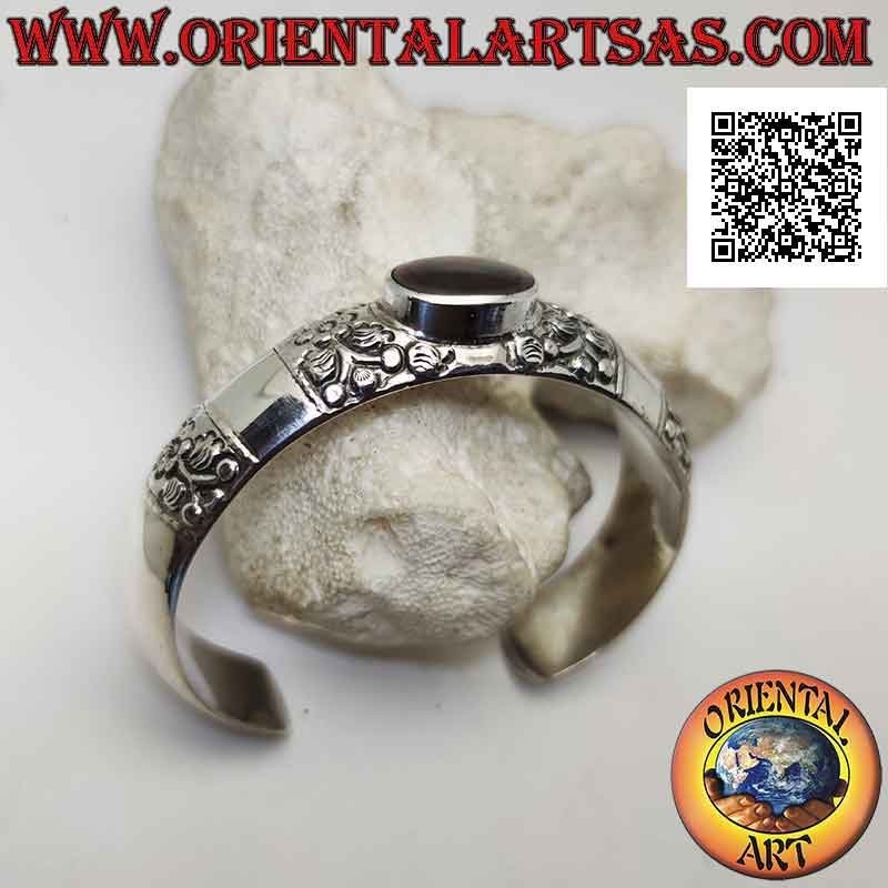 Bracciale rigido in argento 925‰ con decorazioni floreali e paua shell (abalone) ovale