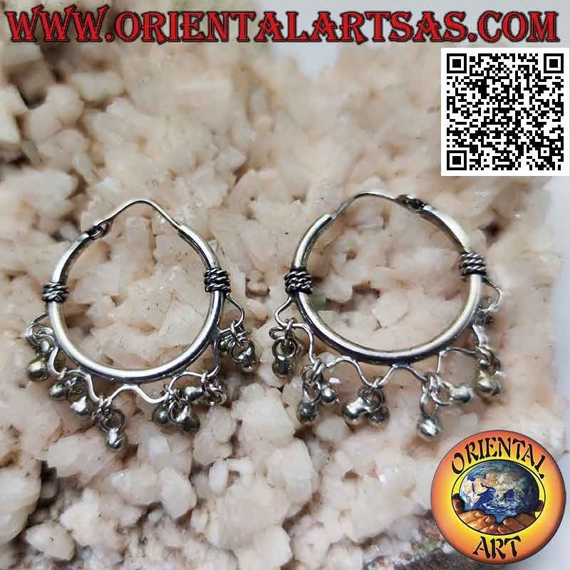 Silver hoop earrings with interweaving and 22 mm hanging balls