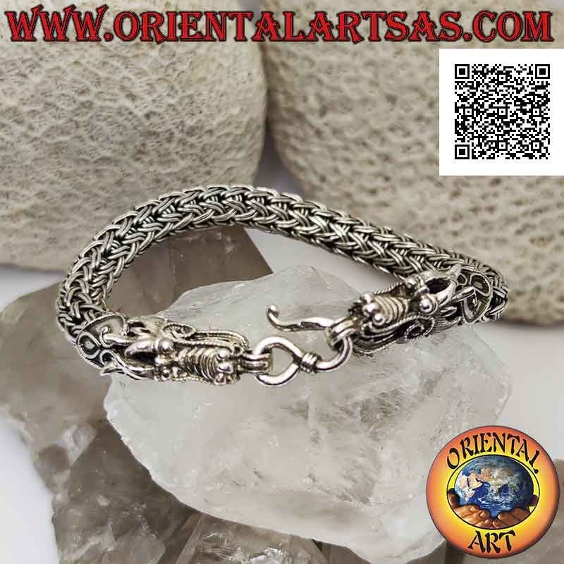 925 ‰ silver tubular bracelet with double strand interwoven link and dragon head on 21 cm ends