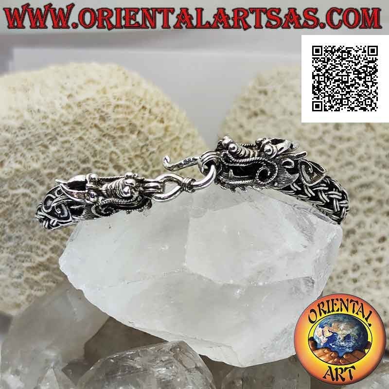 925 ‰ silver tubular bracelet with double strand interwoven link and dragon head on 21 cm ends