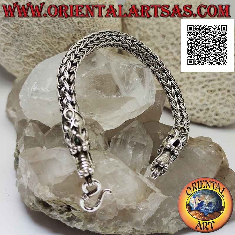 Pulsera tubular de plata 925 ‰ con eslabones entrelazados de doble hilo y cabeza de dragón en extremos de 21 cm