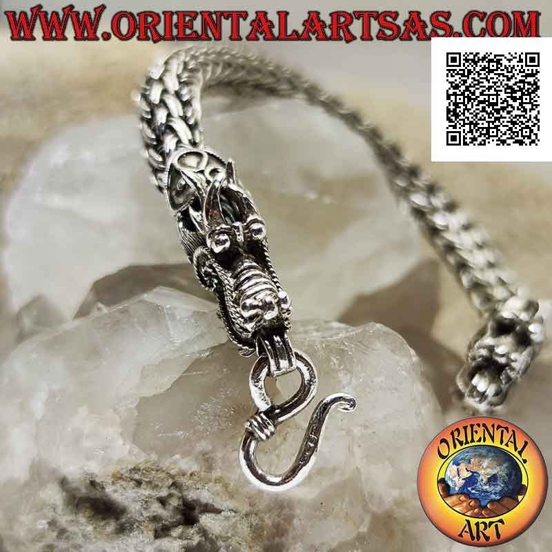 Bracelet tubulaire en argent 925 ‰ avec maillon entrelacé double rang et tête de dragon aux extrémités de 21 cm