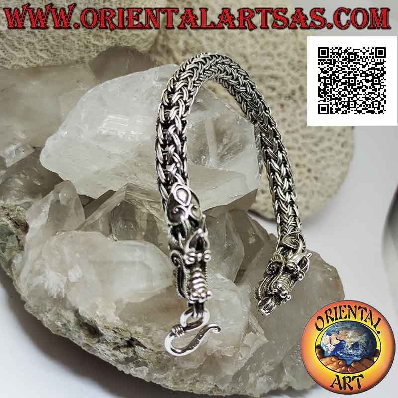 925 ‰ Silbernes Röhrenarmband mit zweireihigem verflochtenem Glied und Drachenkopf an 21 cm Enden