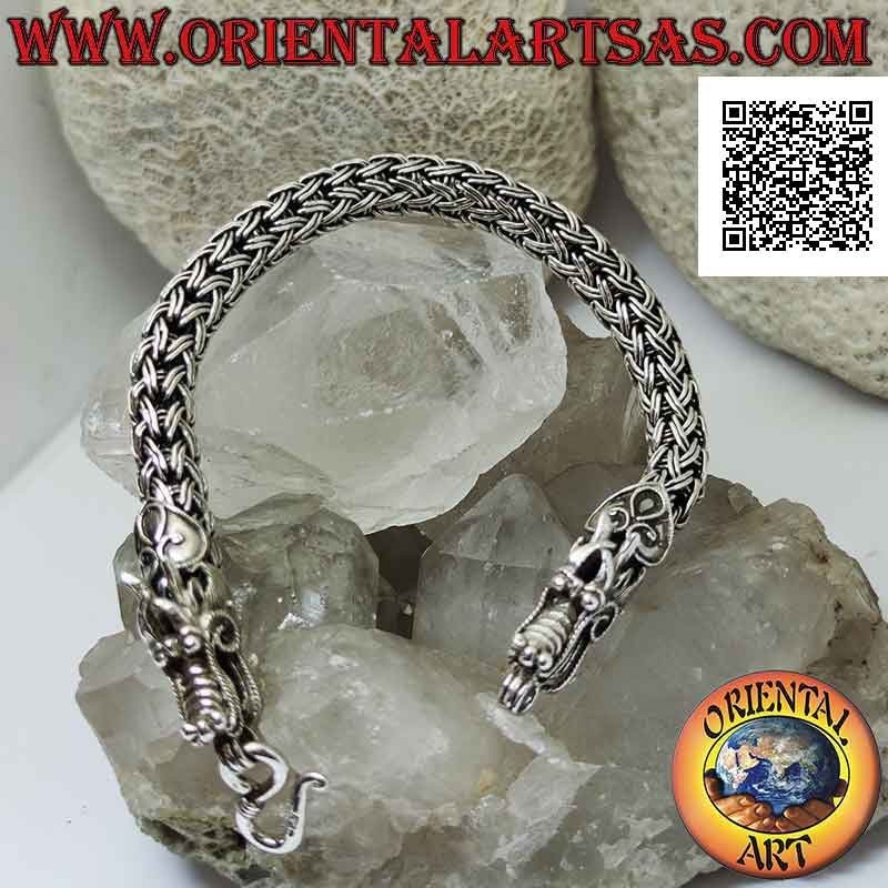 925 ‰ silver tubular bracelet with double strand interwoven link and dragon head on 21 cm ends