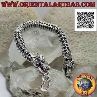 Pulsera tubular de plata 925 con malla elástica entrelazada y cabeza de dragón en los extremos de 20 cm