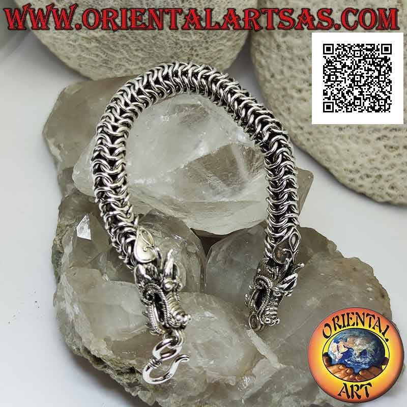 Pulsera tubular de plata 925 con malla elástica entrelazada y cabeza de dragón en los extremos de 20 cm