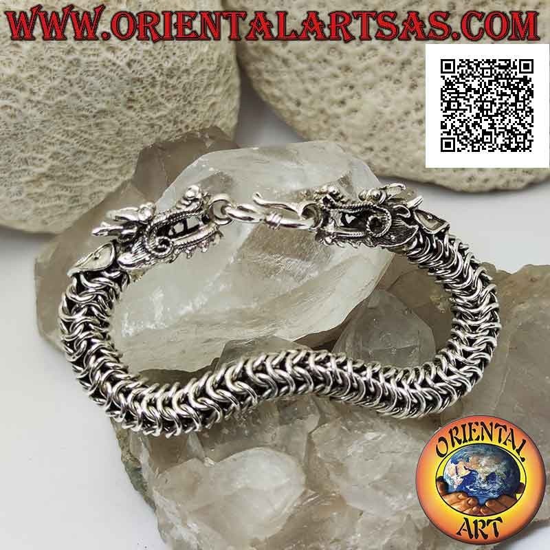 925 925 silver tubular bracelet with springy interlaced mesh and dragon head on the 20 cm ends