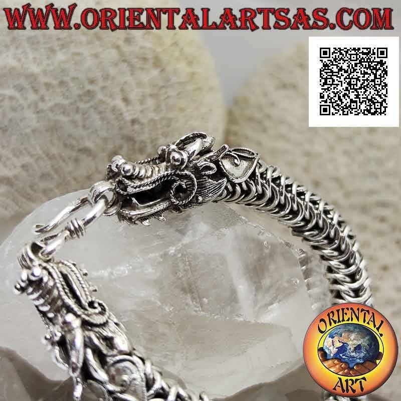 925 Bracelet tubulaire en argent 925 avec maille entrelacée élastique et tête de dragon sur les extrémités de 20 cm
