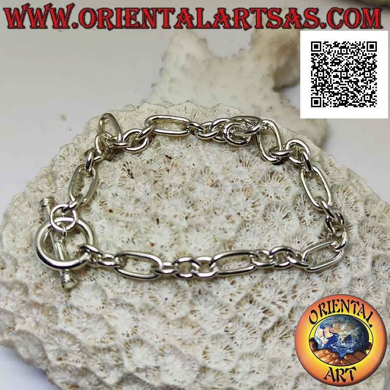 Pulsera de cadena de plata 925 ‰ con tres anillas alternas redondas y una ovalada de 18,5 cm