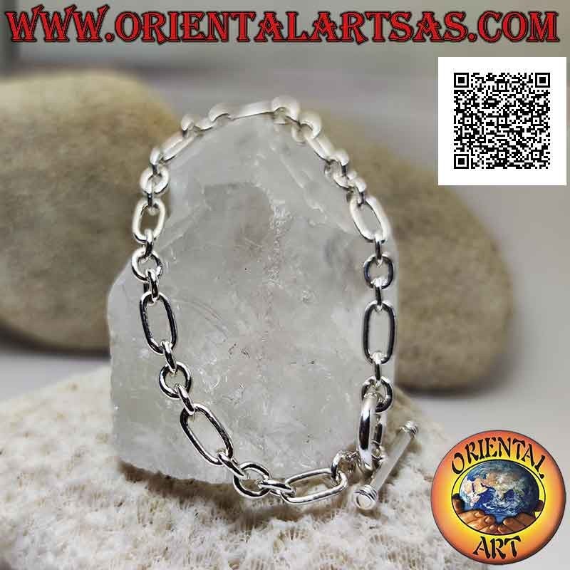 Bracelet chaîne en argent 925 ‰ avec trois anneaux ronds et un ovale alternés de 18,5 cm