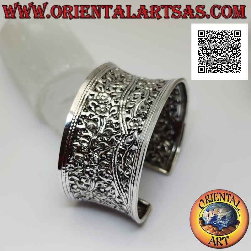 Pulsera rígida cóncava de plata rígida 925 de 35 mm de ancho con motivos florales cincelados a mano