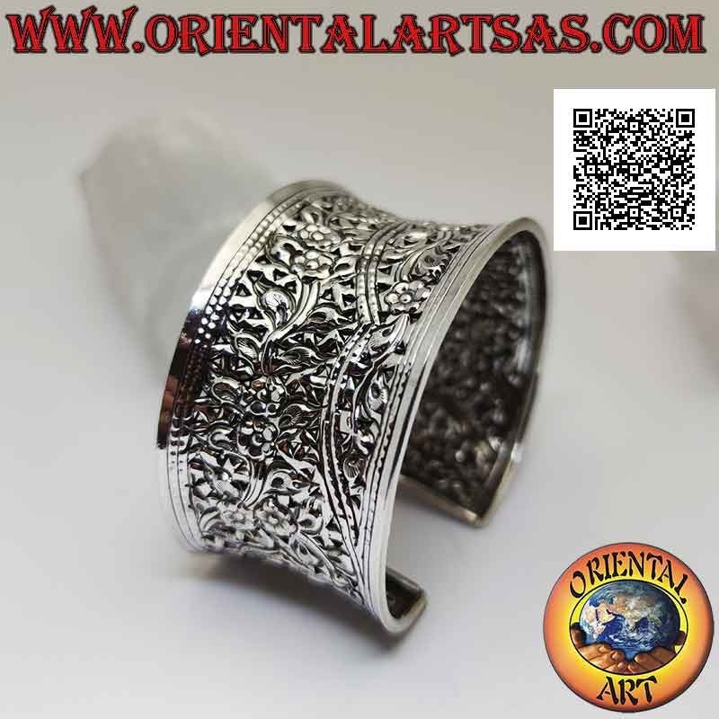 35 mm breites konkaves 925 Rigido Silber starres Armband mit handgemeißelten Blumenmotiven