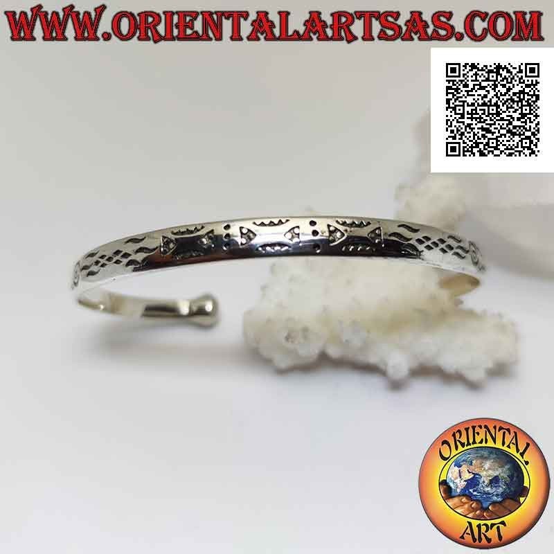 Starres Armband in 925 ‰ Silber abstrakte geometrische Gravuren und Endkugel