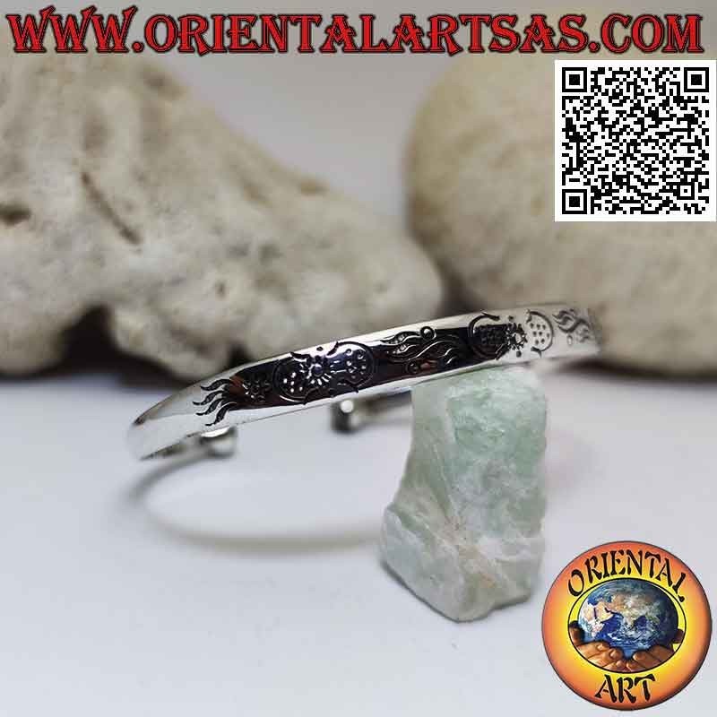 Bracelet rigide en argent 925 ‰ gravures astrales et boule terminale