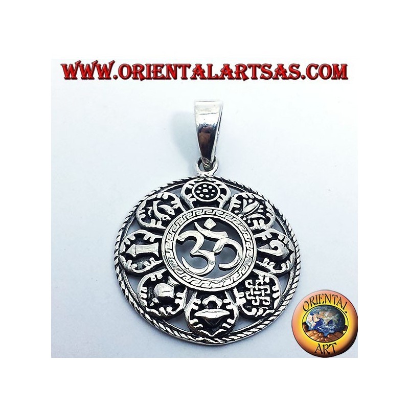 argent Om pendentif avec les huit symboles auspicieux