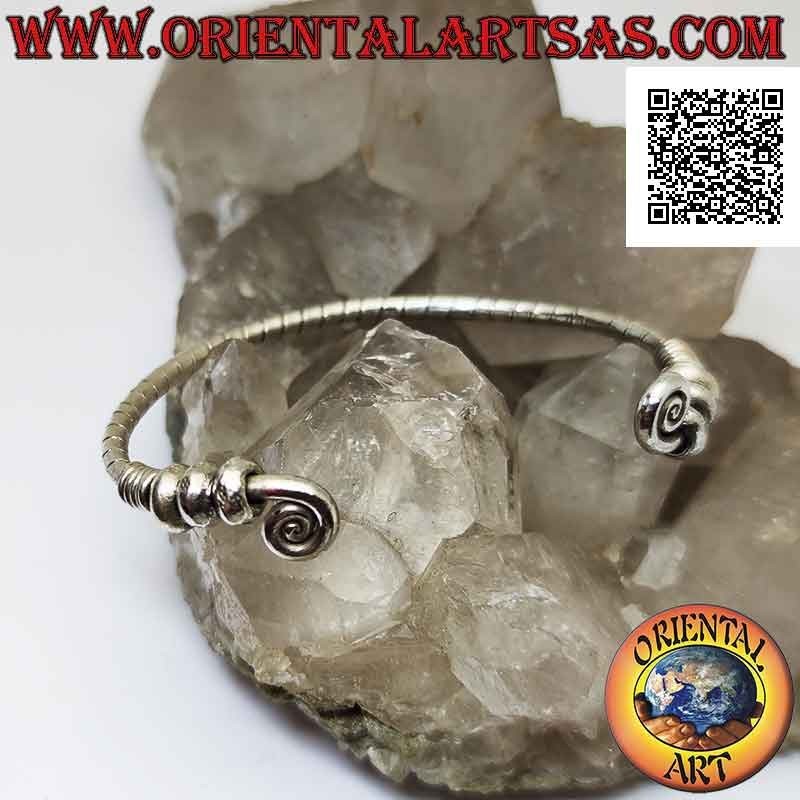 Bracelet rigide en argent 925 ‰ tubulaire rayé avec spirales aux extrémités et donuts mobiles