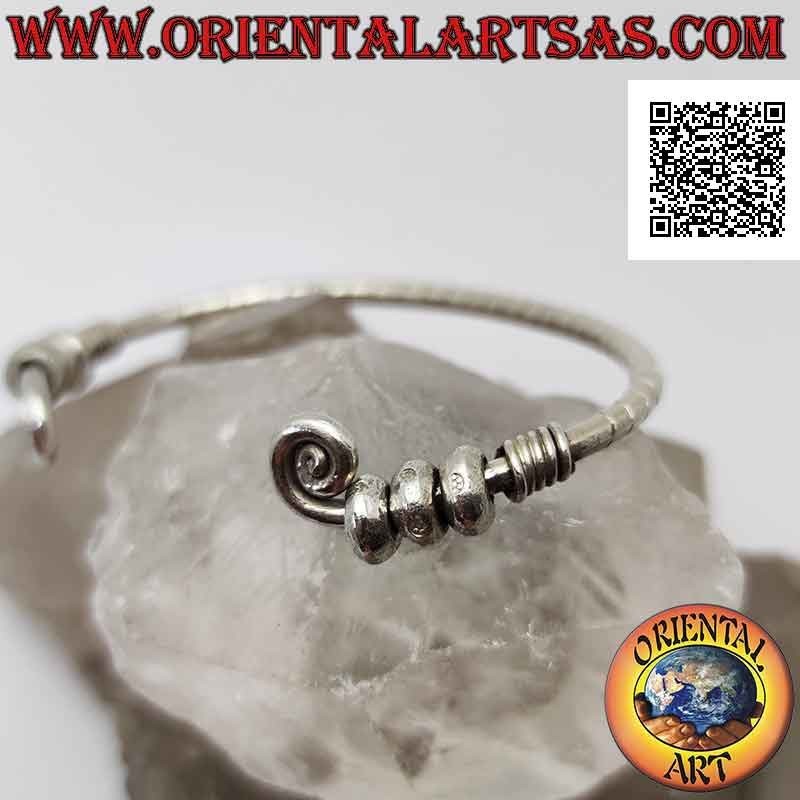 Pulsera rígida en tubular de plata 925 ‰ a rayas con espirales en los extremos y rosquillas móviles