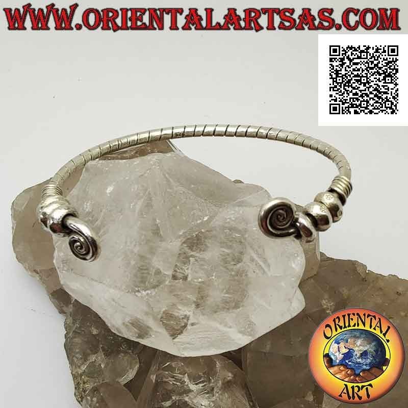 Bracelet rigide en argent 925 ‰ tubulaire rayé avec spirales aux extrémités et donuts mobiles