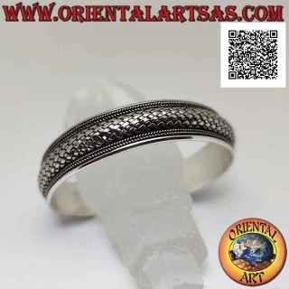 Pulsera ancha rígida en plata 925 ‰ con tejido redondeado (estilo paja) entre tejidos